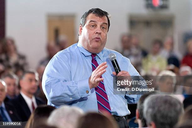 New Jersey Governor Chris Christie speaks during his 100th Town Hall Meeting at St. Mary's Parish Center on January 16, 2013 in Manahawkin, New...
