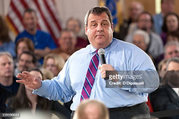 New Jersey Governor Chris Christie speaks during his 100th Town Hall Meeting at St. Mary's Parish Center on January 16, 2013 in Manahawkin, New...