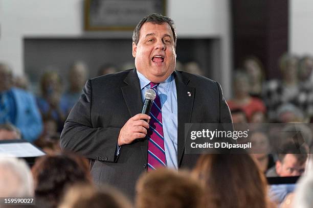 New Jersey Governor Chris Christie speaks during his 100th Town Hall Meeting at St. Mary's Parish Center on January 16, 2013 in Manahawkin, New...