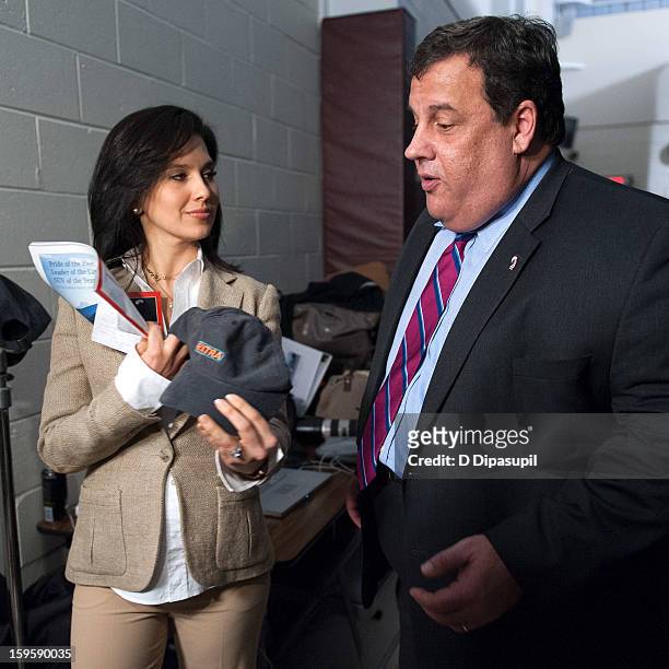 Extra" Lifestyle Correspondent Hilaria Baldwin interviews New Jersey Governor Chris Christie after his 100th Town Hall Meeting at St. Mary's Parish...