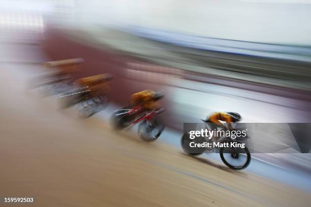 The Malaysian team competes in the Men's U19 Team Pursuit Qualifications during day two of the 2013 Australian Youth Olympic Festival at Dunc Gray...