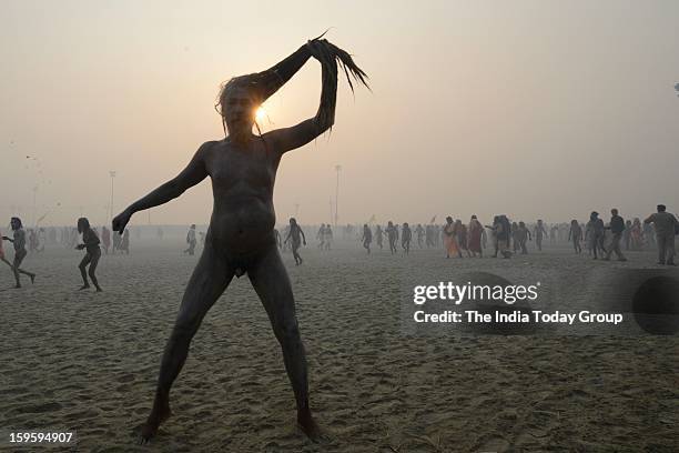 Sadhus celebrating Makar Sankranti at the Maha Kumbh Mela at Allahabad on January 14th 2013.