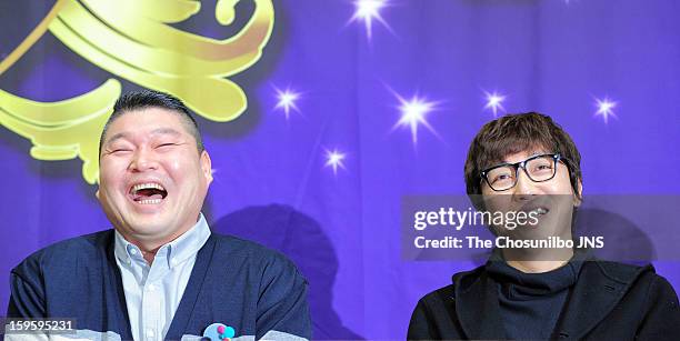 Gang Ho-Dong and Tak Jae-Hoon attend the KBS2 'Moonlight Prince' press conference at KBS building on January 16, 2013 in Seoul, South Korea.