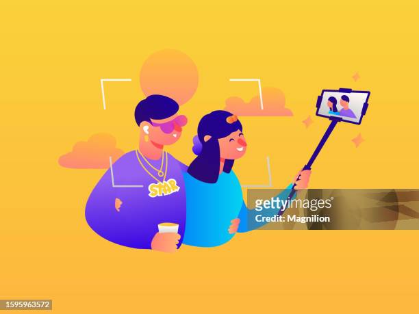ilustrações de stock, clip art, desenhos animados e ícones de singer with fan, fan selfie with a celebrity - mulher celular