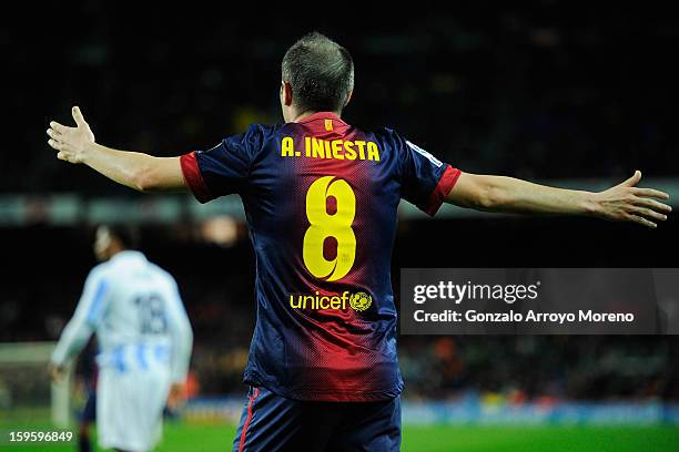 Andres Iniesta of Barcelona FC reacts during the Copa del Rey Quarter Final match between Barcelona FC and Malaga CF at Camp Nou on January 16, 2013...