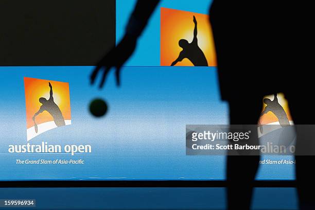 The Australian Open logo is seen during the second round match between Gael Monfils of France and Yen-Hsun Lu of Chinese Taipei during day four of...