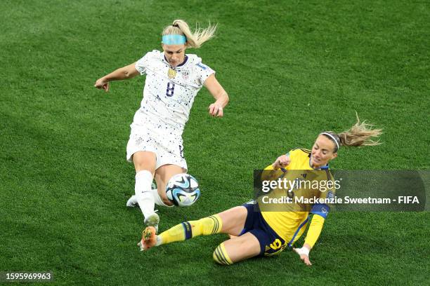 Julie Ertz of USA is fouled by Kosovare Asllani of Sweden during the FIFA Women's World Cup Australia & New Zealand 2023 Round of 16 match between...