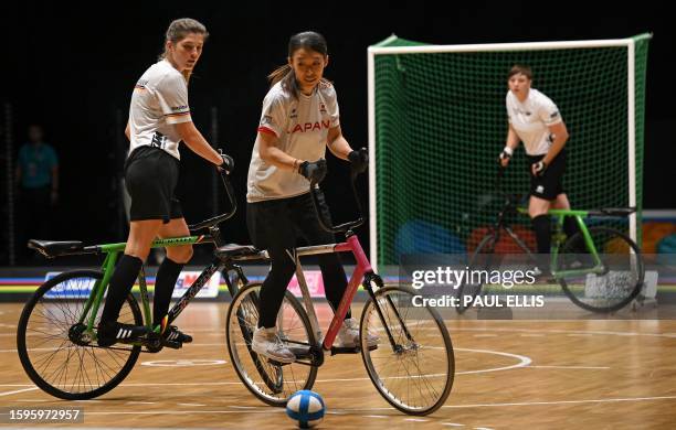 Germany take on Japan in the women's Elite Cycle-Ball Final during the UCI Cycling World Championships in Glasgow, Scotland on August 13, 2023.