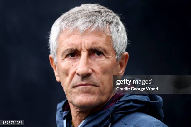 Quique Setien, Head Coach of Villarreal CF, looks on prior to the Sela Cup match between OGC Nice and Villarreal CF at St James' Park on August 05,...