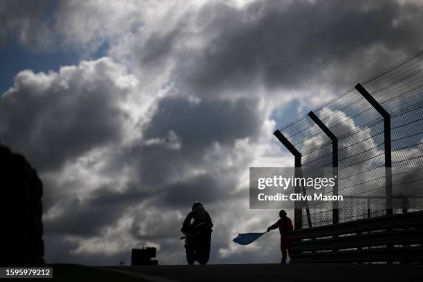 Miguel Oliveira of Portugal leaves the pit lane during the MotoGP of Great Britain - Warm Up at Silverstone Circuit on August 06, 2023 in...