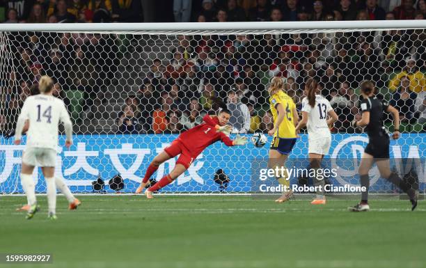 Zecira Musovic of Sweden makes a save during the FIFA Women's World Cup Australia & New Zealand 2023 Round of 16 match between Sweden and USA at...
