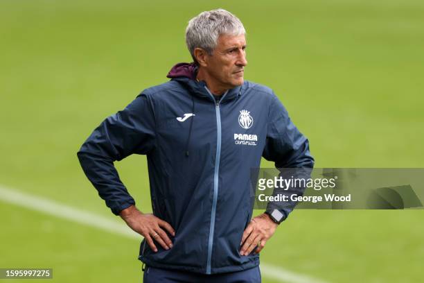 Quique Setien, Head Coach of Villarreal CF, looks on during the Sela Cup match between OGC Nice and Villarreal CF at St James' Park on August 05,...