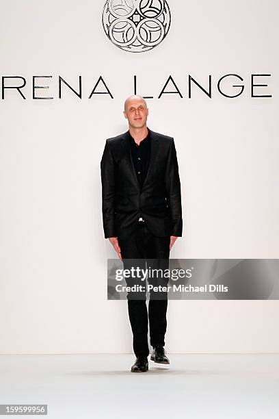 Desinger Karsten Fielitz acknowledges the audience at Rena Lange Autumn/Winter 2013/14 fashion show during Mercedes-Benz Fashion Week Berlin at...