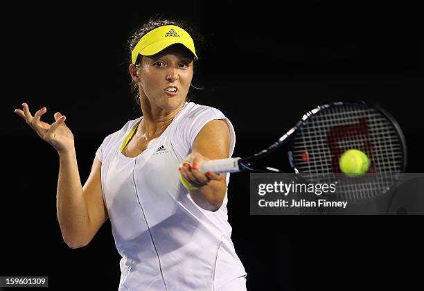 Laura Robson of Great Britain plays a forehand in her second round match against Petra Kvitova of Czech Republic during day four of the 2013...