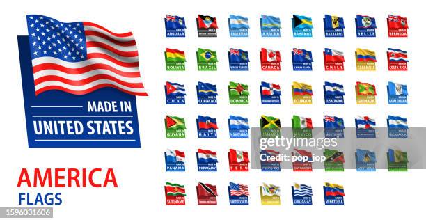 hergestellt in - vektor-set. amerika-flaggen und text eingemacht. isoliert auf weißem hintergrund - jamaica flag stock-grafiken, -clipart, -cartoons und -symbole