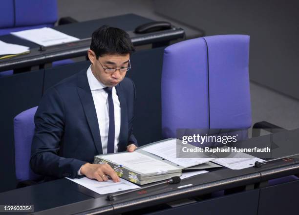 German Economy Minister and Vice Chancellor Philipp Roesler looks at documents during a debate on the Annual Economic Report 2013 of the Federal...