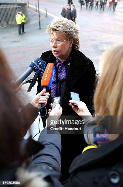 In this handout image provided by Justin MacInnes, Viviane Reding, Vice President of the European Commission is interviewed as she arrives at the...