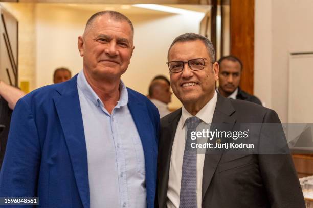 President of European Athletics Dobromir Karamarinov of Bulgaria and Mayor of Jerusalem Moshe Lion of Israel pose during press conference before...