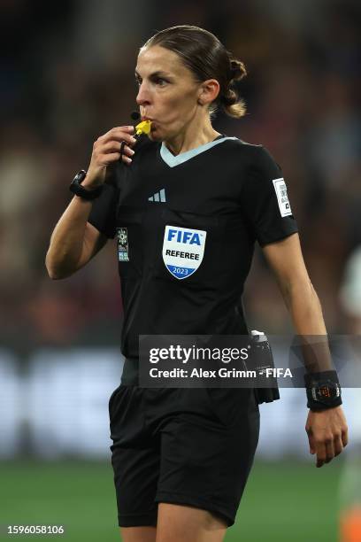 Referee Stephanie Frappart blows the whistle during the FIFA Women's World Cup Australia & New Zealand 2023 Round of 16 match between Sweden and USA...