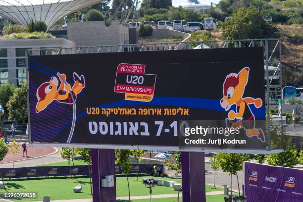 General view of the Givat Ram stadium with LED banner during practice session before European Athletics U20 Championships Jerusalem on August 06,...