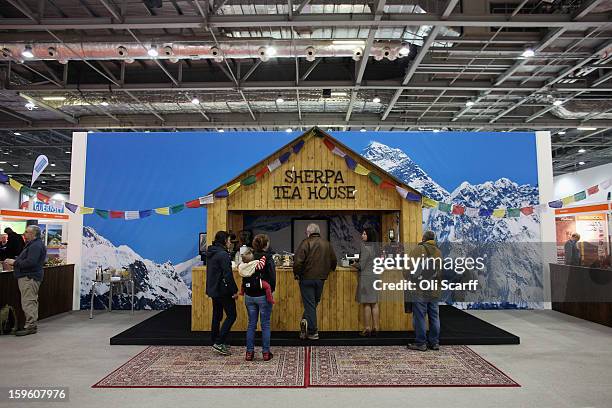 The 'Sherpa Tea House' refreshments stall at The Outdoors Show which is being held in the ExCeL Centre on January 17, 2013 in London, England. The...