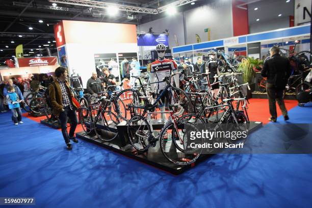 The Cube bike stand at the London Bike Show which is being held in the ExCeL Centre on January 17, 2013 in London, England. The ExCeL centre is...