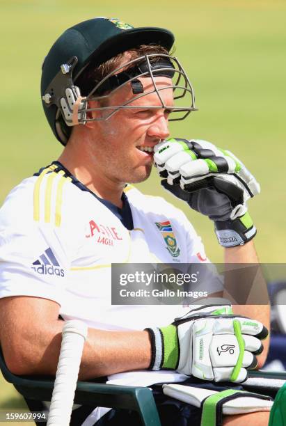 De Villiers waits to bat during the South African national cricket team nets session and press conference at Claremont Cricket Club on January 17,...