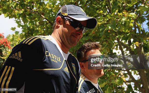 Mark Boucher and Graeme Smith arrive at the South African national cricket team nets session and press conference at Claremont Cricket Club on...