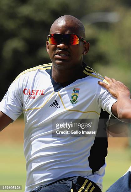 Lonwabo Tsotsobe attends the South African national cricket team nets session and press conference at Claremont Cricket Club on January 17, 2013 in...