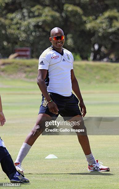 Lonwabo Tsotsobe attends the South African national cricket team nets session and press conference at Claremont Cricket Club on January 17, 2013 in...