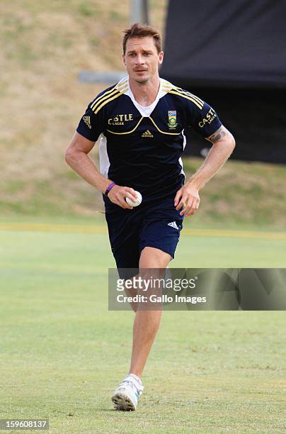 Dale Steyn attends the South African national cricket team nets session and press conference at Claremont Cricket Club on January 17, 2013 in Cape...