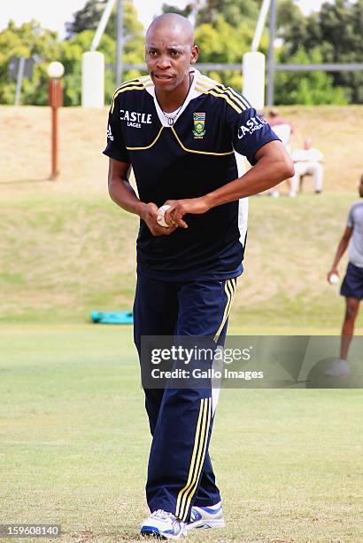 Aaron Phangiso attends the South African national cricket team nets session and press conference at Claremont Cricket Club on January 17, 2013 in...