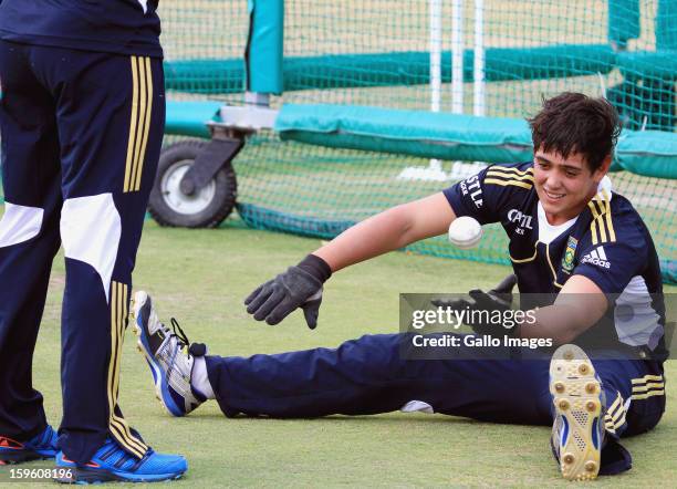 Quinton de Kock attends the South African national cricket team nets session and press conference at Claremont Cricket Club on January 17, 2013 in...