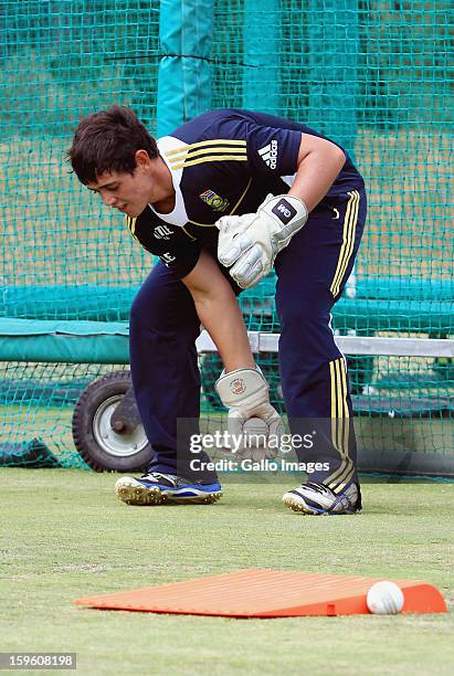 Quinton de Kock attends the South African national cricket team nets session and press conference at Claremont Cricket Club on January 17, 2013 in...