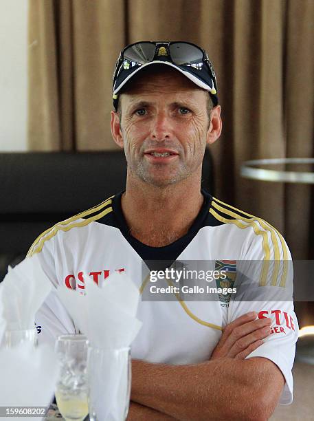 Head coach Gary Kirsten is interviewed during the South African national cricket team nets session and press conference at Claremont Cricket Club on...