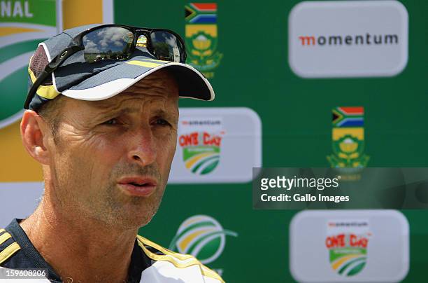 Head coach Gary Kirsten is interviewed during the South African national cricket team nets session and press conference at Claremont Cricket Club on...