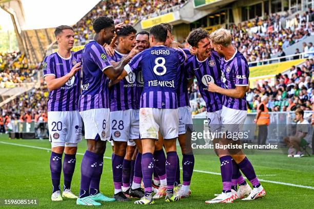 Rasmus NICOLAISEN of Toulouse celebrates his goal with teammates during the French Ligue 1 Uber Eats soccer match between Nantes and Toulouse at...