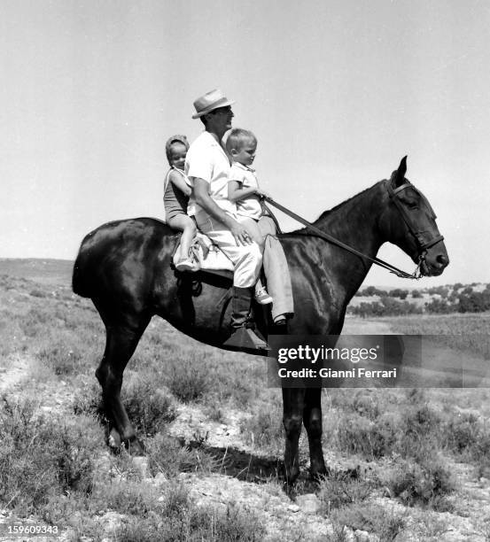 The Spanish bullfighter Luis Miguel Dominguin with his children Lucia and Miguel , on his farm of Villa Paz Cuenca, Castilla La Mancha, Spain