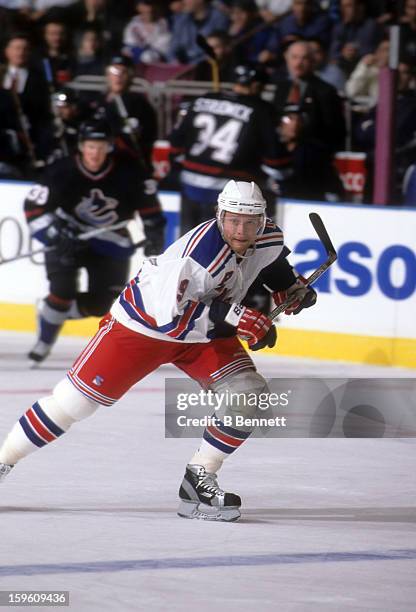 Pavel Bure of the New York Rangers skates on the ice during an NHL game against the Vancouver Canucks on March 19, 2002 at the Madison Square Garden...