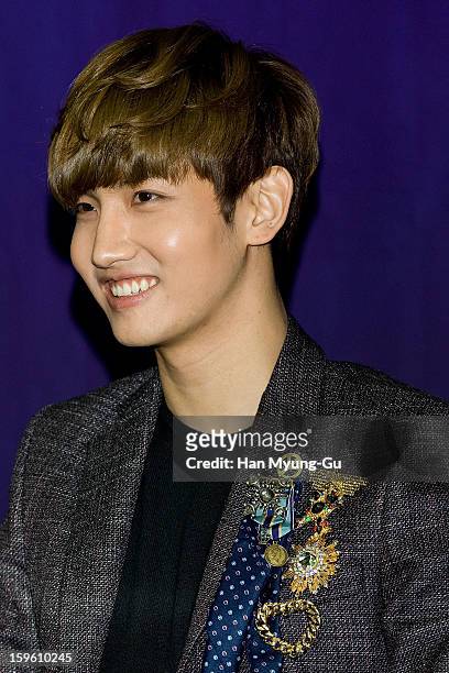 Max of South Korean boy band TVXQ attends the KBS2 Talk Show 'Moonlight Prince' Press Conference at KBS on January 16, 2013 in Seoul, South Korea....