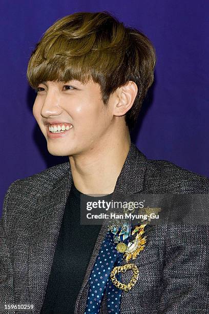 Max of South Korean boy band TVXQ attends the KBS2 Talk Show 'Moonlight Prince' Press Conference at KBS on January 16, 2013 in Seoul, South Korea....