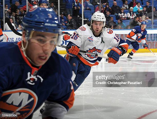 Sean Backman of Team White skates during a scrimmage match between players of the New York Islanders and Bridgeport Sound Tigers on January 16, 2013...