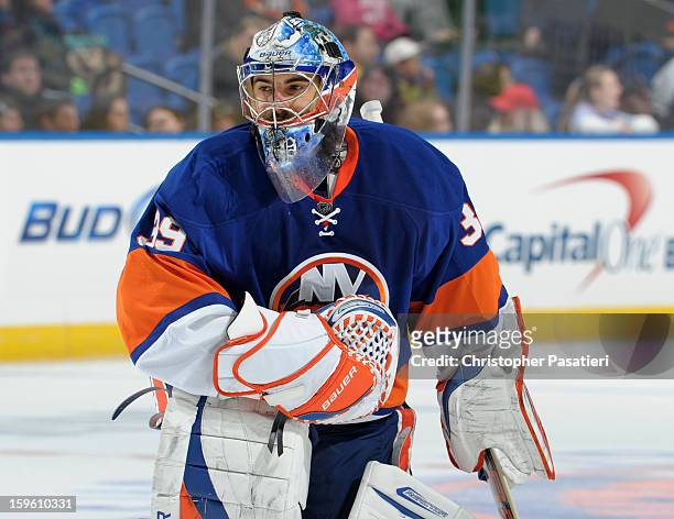 Rick DiPietro of Team Blue looks on during a scrimmage match between players of the New York Islanders and Bridgeport Sound Tigers on January 16,...
