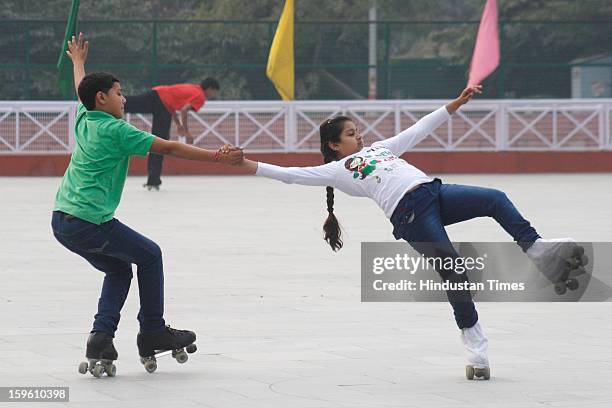 Players practice ahead of the 50th National Artistic Skating Championship 2013, being held at Noida Sports Stadium at Sector 21A, on January 17, 2013...