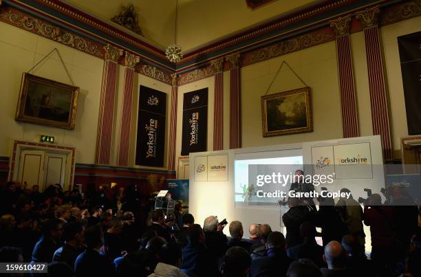 Tour de France Director Christian Prudhomme speaks during a press conference to announce the Grand Depart of the Tour de France at Leeds Town Hall on...