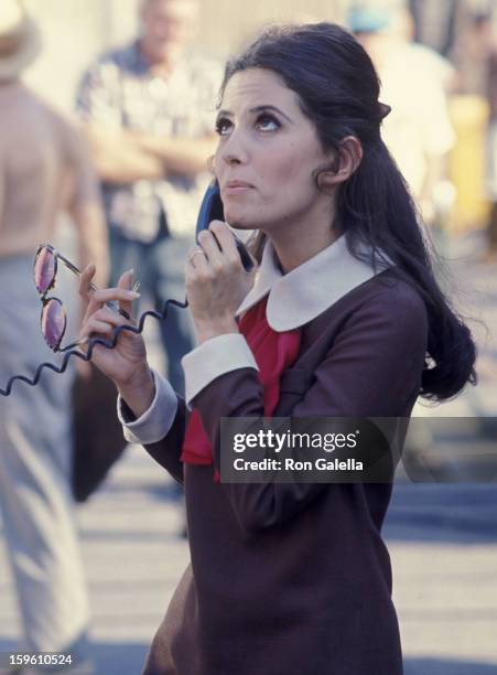 Barbara Parkins sighted on location filming "Peyton Place" on April 1, 1968 at 20th Century Fox Studios in Century City, California.
