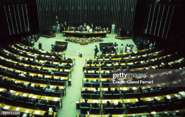 In his official visit to Brazil, the Spanish King Juan Carlos and Sofia in the Congress, 17th May 1983, Brasilia, Brazil