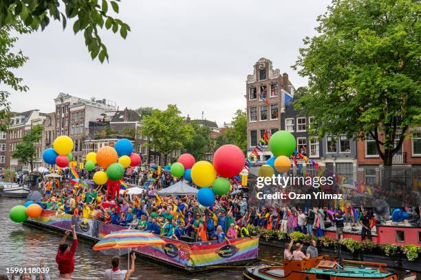 Participant boats on the canal celebrating Pride on August 5, 2023 in Amsterdam, Netherlands. 80 Boat Participants cruise through the city's 17th...