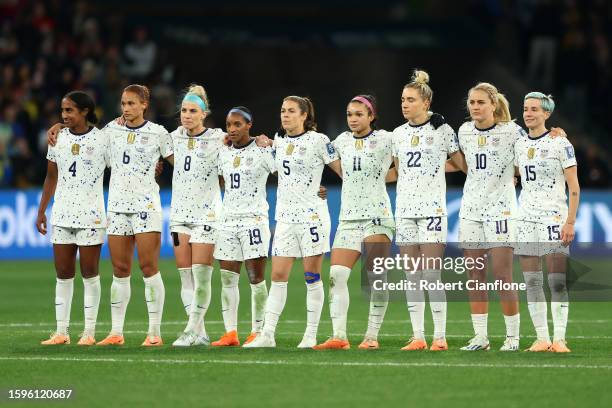 Players line up during the penalty shootout during the FIFA Women's World Cup Australia & New Zealand 2023 Round of 16 match between Sweden and USA...