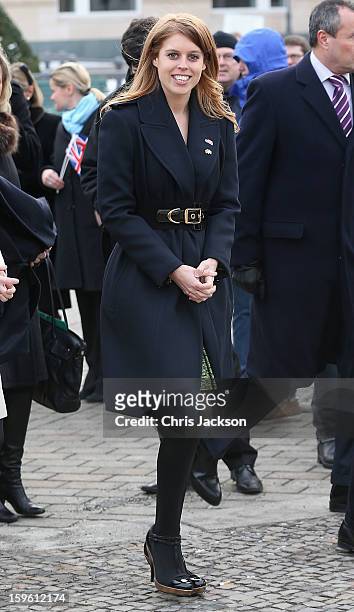 Princess Beatrice poses next to a Mini in front of Brandenburg Gate as she promotes the GREAT initiative on January 17, 2013 in Berlin, Germany. The...
